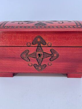 vintage handcrafted polish red wooden box with ornate engravings hinged lid